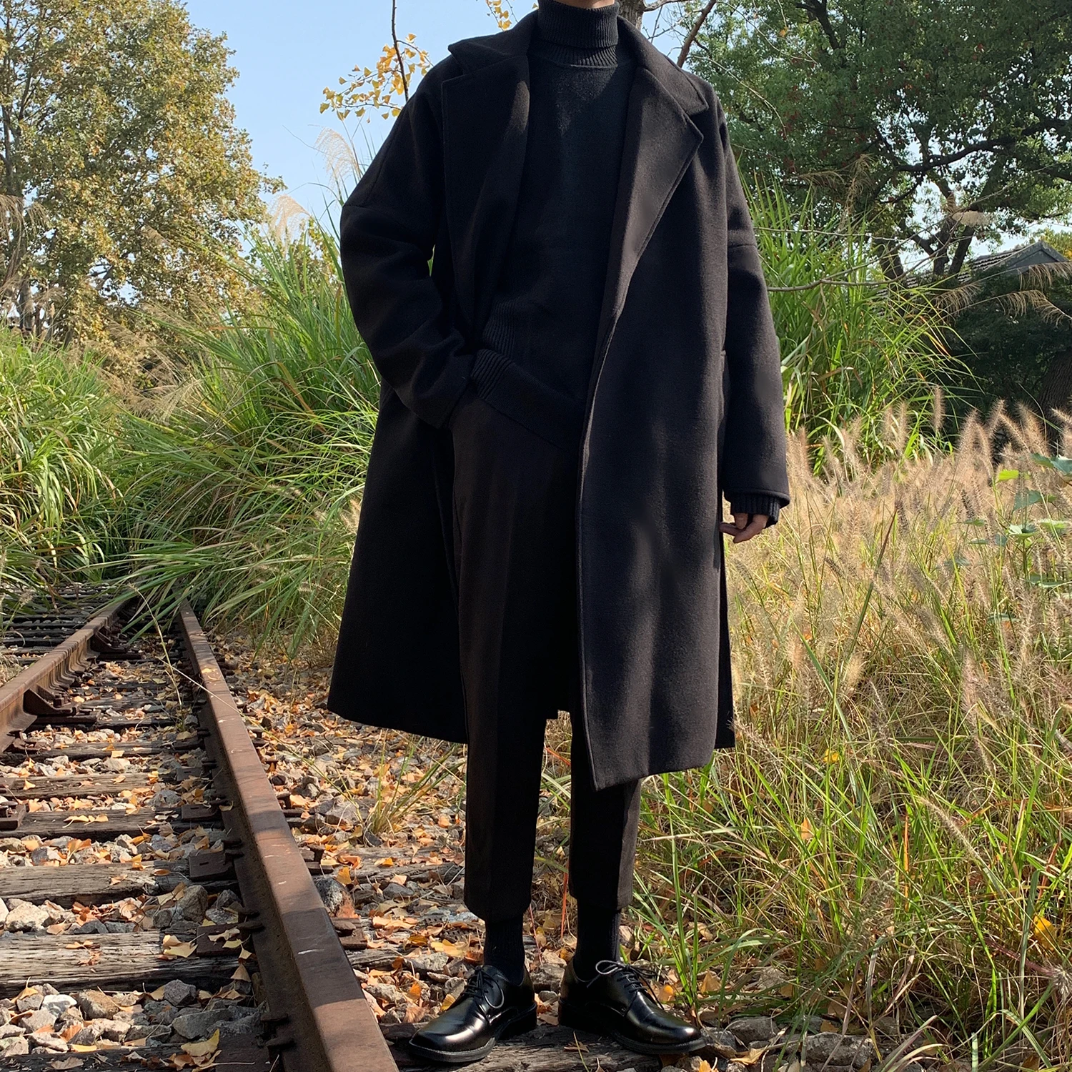 

Минималистичное Мужское пальто в клетку в Корейском стиле, длинное кашемировое черное пальто, Мужское пальто, модная одежда для пар BD50WB