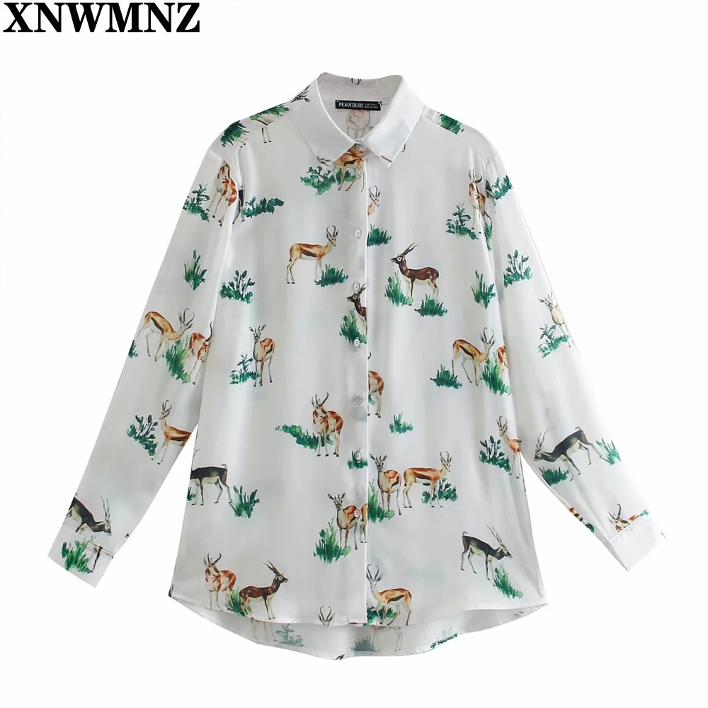 

XNWMNZ 2021 Women Fashion Animal Printed satin finish shirt Vintage Casual loose button-up long sleeves Blouses Female chic Tops