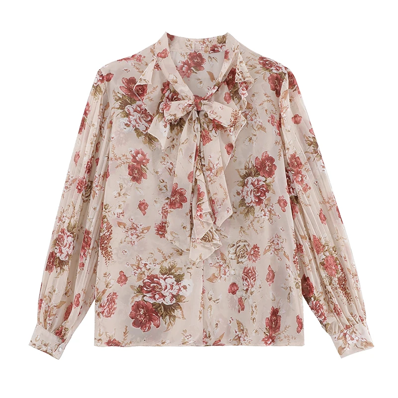 

2020 Autumn Korean Ruffles Floral Chiffon Tops Shirt Women Bow Lace Long Sleeve Blouse Women Sweet Printed Womens Blouses 10770
