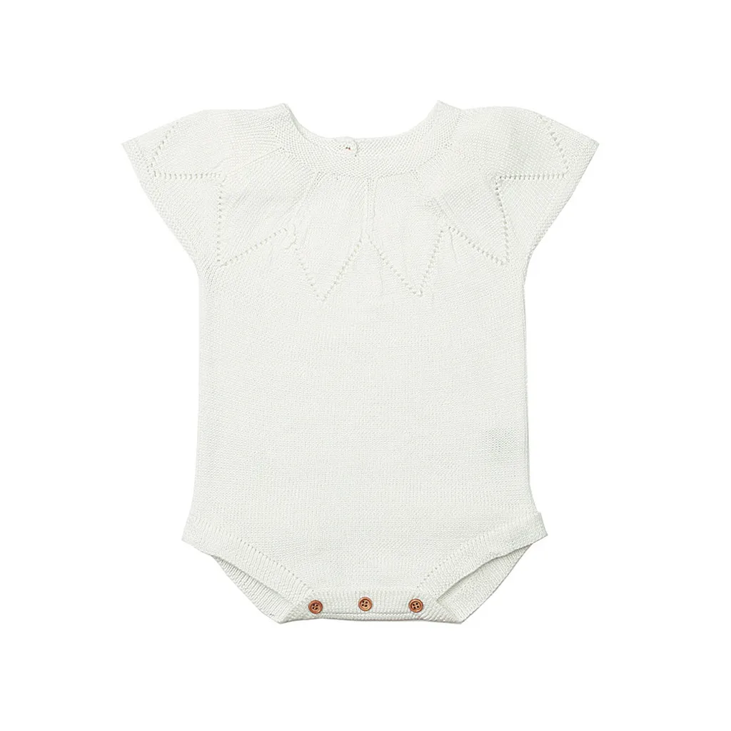 Детский однотонный вязаный шерстяной комбинезон с короткими рукавами и круглым