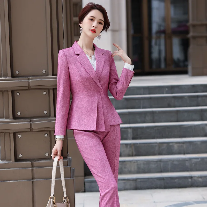 Autumn and Winter Career Suit Interviwee Female Work Office Uniform Purple Ruffle Waist Full Sleeve Blazer Skirt Set Women | Женская