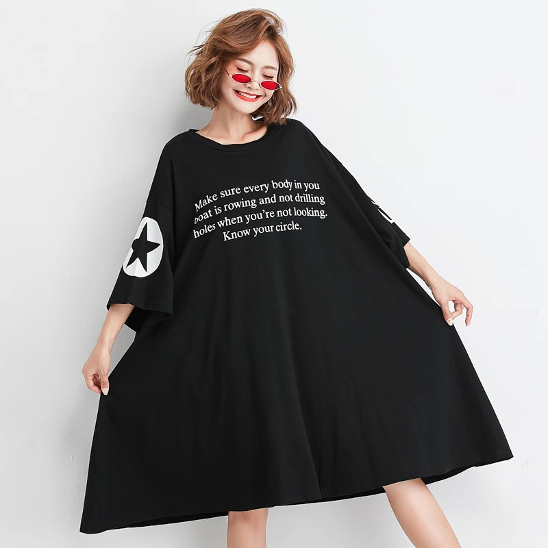 Плюс размер 2019 Женская туника-платье летняя Европейская Повседневная Свободная
