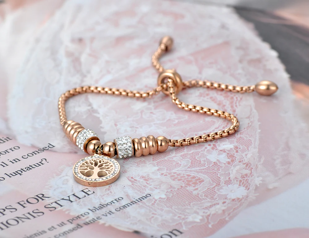 Lokaer Titanium Stainless Steel Mosaic Crytal Tree Charm Bracelets For Women Rose Gold Adjustable Chain &amp Link Bracelet B20055 |