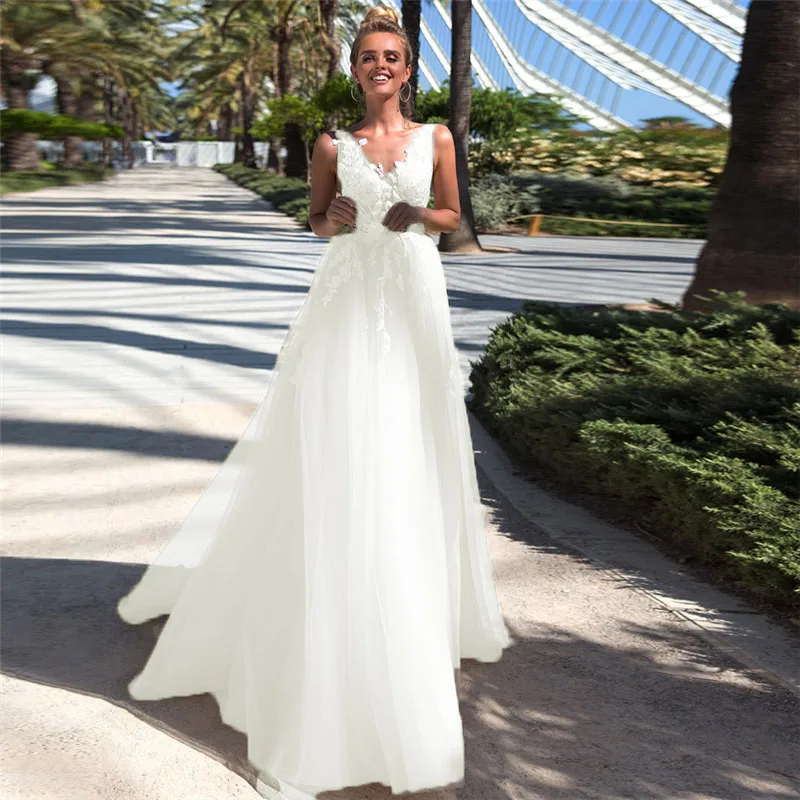 ivory LORIE Boho Свадебное платье с аппликацией и тюль ТРАПЕЦИЕВИДНОЕ свадебное платье с v-образным вырезом, без рукавов, платье принцессы, невесты свадебное платье Vestido De Noiva - Цвет: ivory