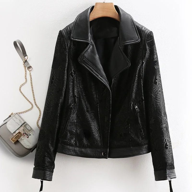 

Genuine Leather Clothes Women 's Short 2021 Spring and Autumn New Motorcycle Printed Slim Jacket
