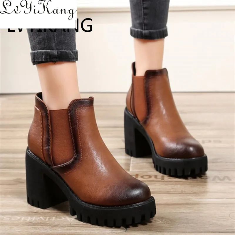 

Женские ботильоны из искусственной кожи, черные ботинки на платформе и толстом каблуке, высотой 10 см, 34-40, осень 2019