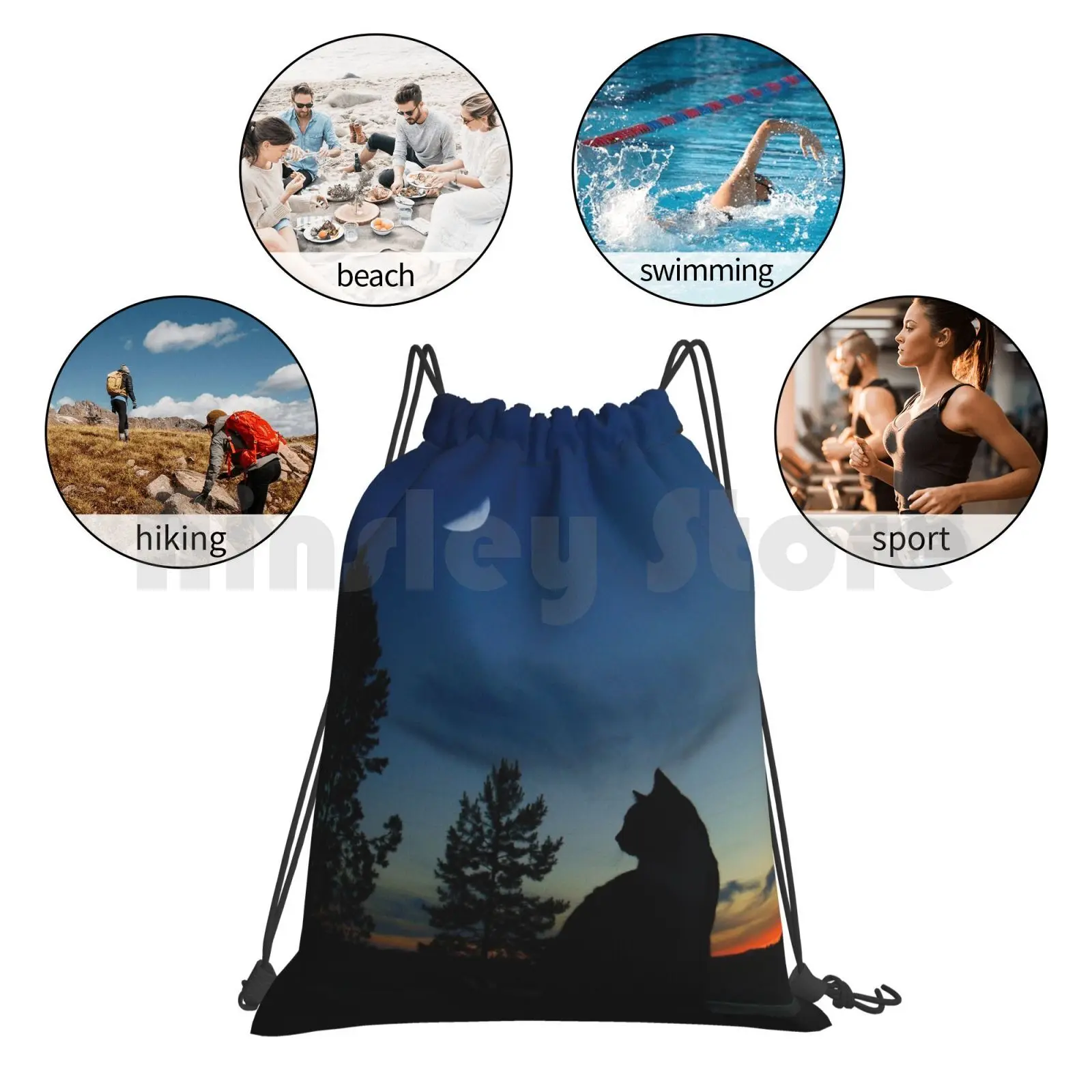 

Cats-Silhouette Backpack Drawstring Bags Gym Bag Waterproof Cats Cat Animal Anime Oc Map Pmv Amv Sunset Shadow Trees Star