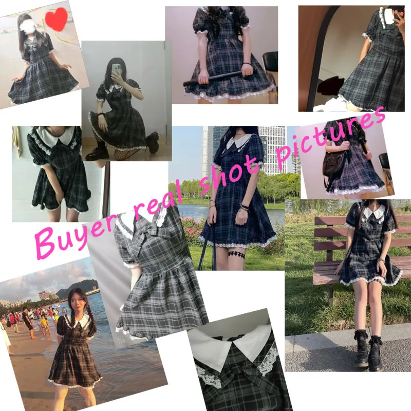 

Kawaii Summer Dress Japanese Style Doll Collar Bow Waist Plaid Midi Dresses Lace Lolita Princess Gothic Harajuku Women Clothes