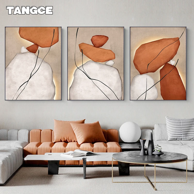 

Abstract Line Color Blocks Wall Art Canvas Painting Geometry Pictures Modern Brown White Posters Prints for Living Room Bedroom