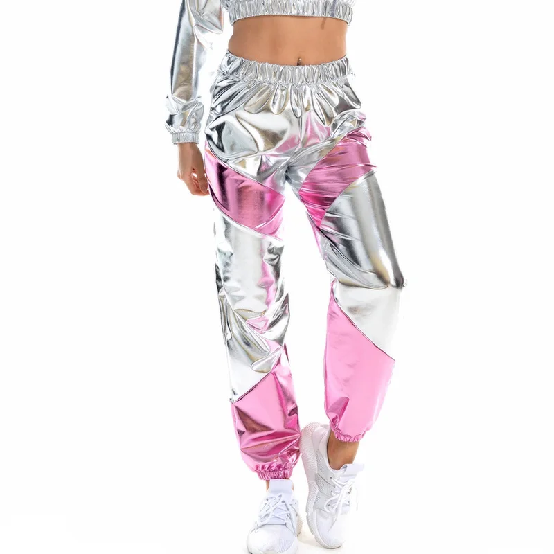 

NDUCJSI Female Street Hip-hop Colorful Trousers Women Sexy Pants High Quality Party Elastic Waist Shiny Pants Sports