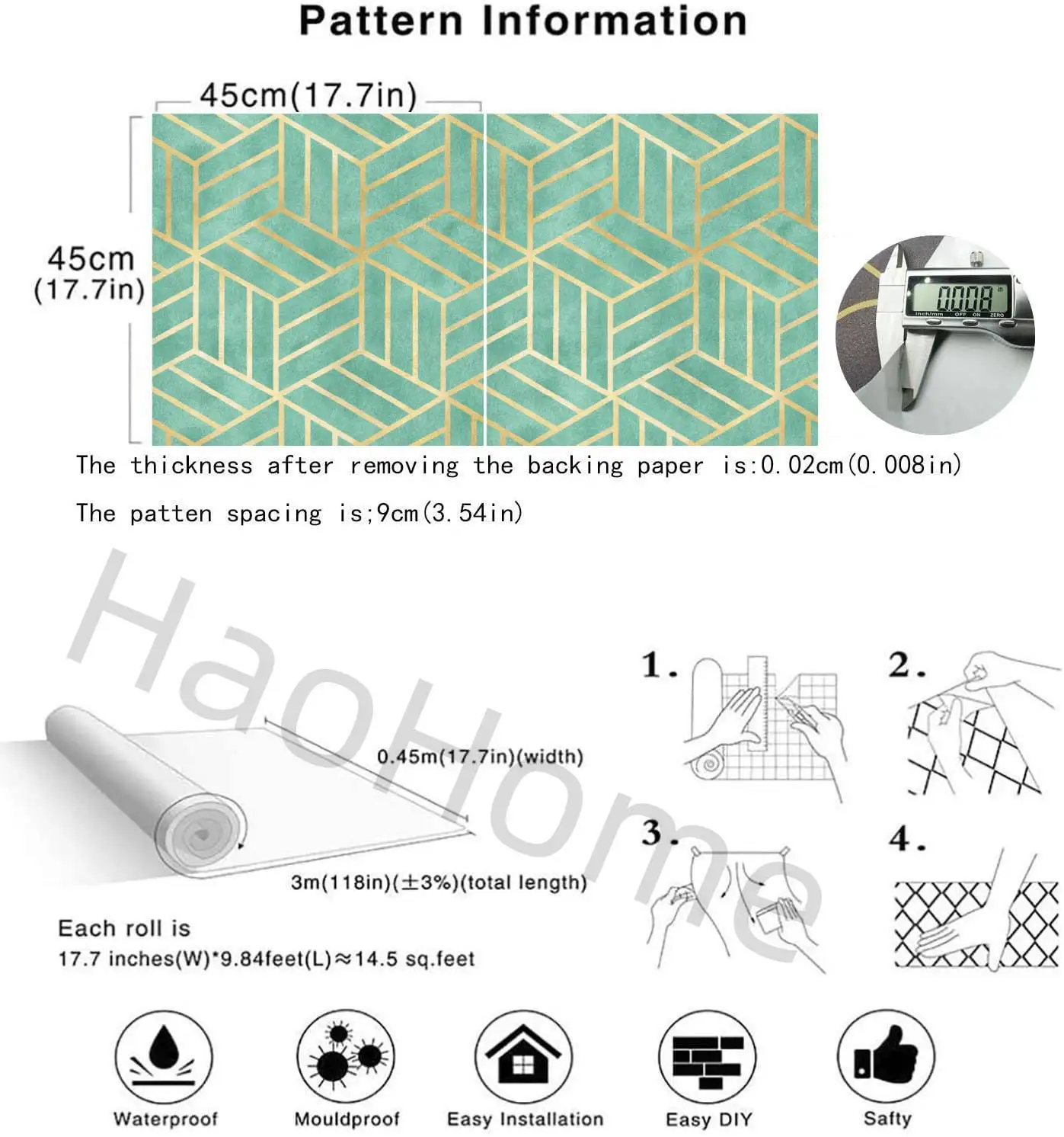 

HDHome Light Green and Gold Geometry Stripped Hexagon Peel and Stick Wallpaper Green Stripes Self Adhesive Wallpaper Removable