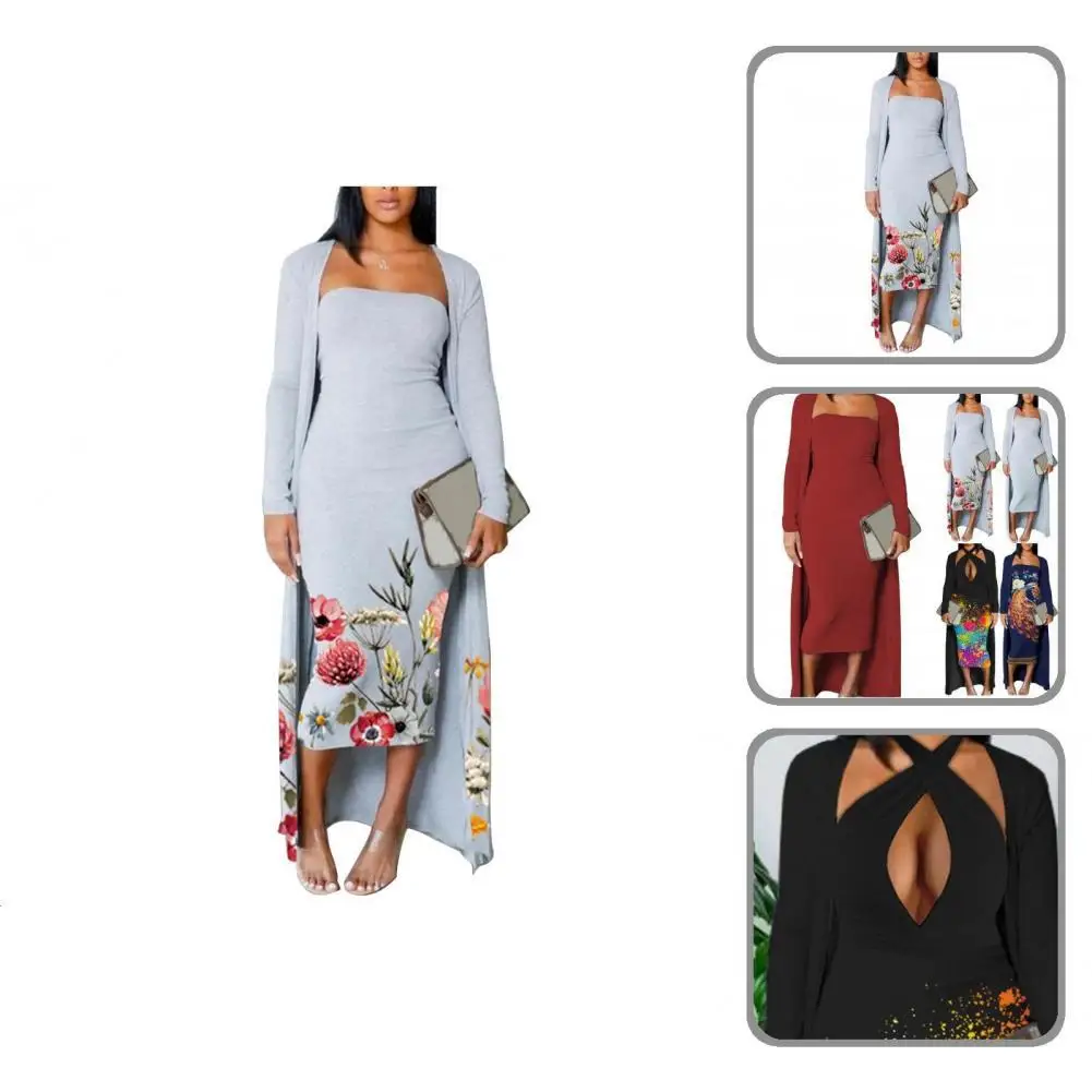

1 Set Cardigan Top Dress Simple Pure Color Elegant Outfit Solid Color Low Cut Coat Dress