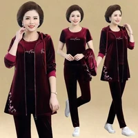 middle aged women casual gold velvet three piece sets suit large size loose sportswear long coat tops mother clothing tracksuit