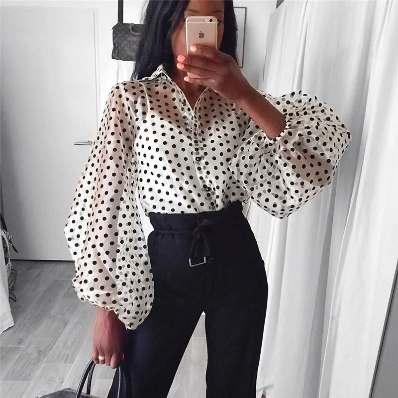 

Women Transparent Sheer mesh Tops fashion long sleeve Polka dots Loose Casual Organza Blouse Shirt Stylish Autumn Clothes 2019