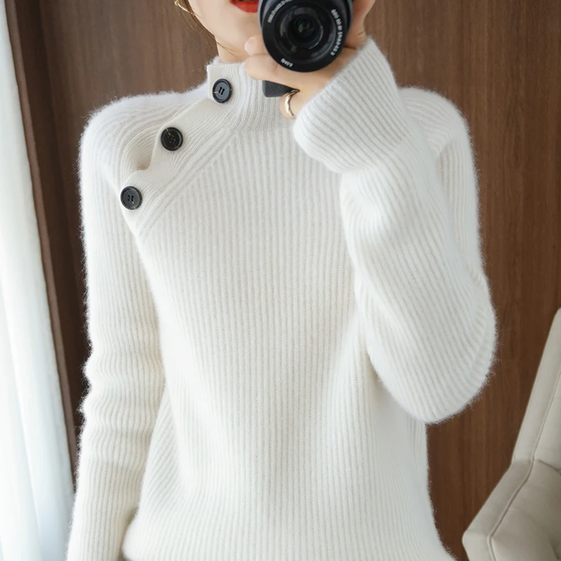 2021Autumn/Winter Cashmere Sweater Series Half Turtleneck Sweater Female Button Loose Pullover 100% Pure Wool Knitted Base Shirt