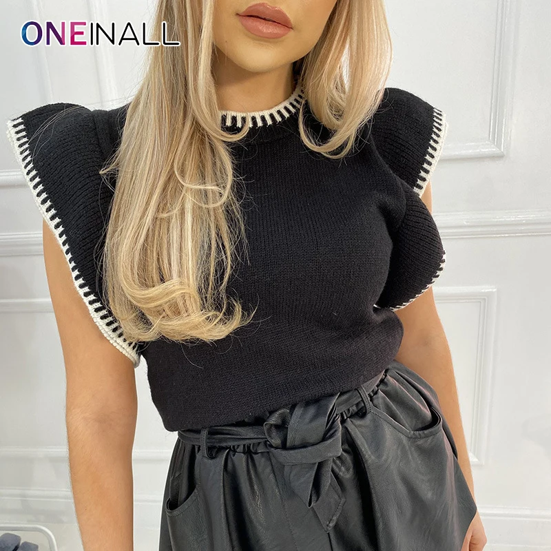

Женский лоскутный пуловер ONEINALL, Повседневный свитер с круглым вырезом и коротким рукавом, осень 2021