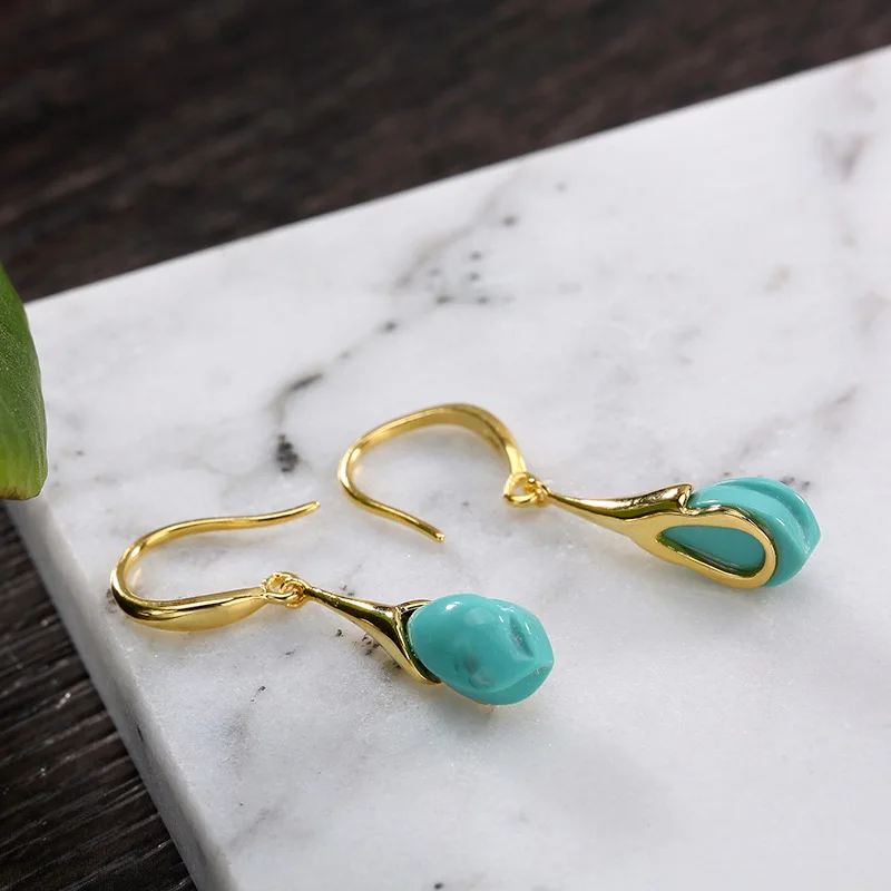 Винтаж 925 серебро натуральный камень бирюзовый вырезаны в форме цветов капли