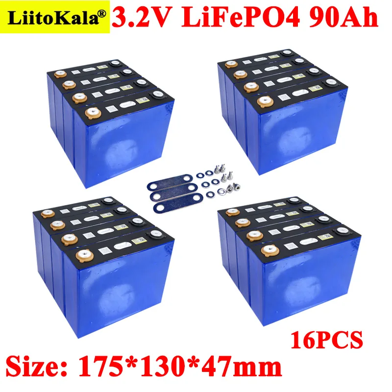 

16pcs/lot 3.2v 90Ah LifePo4 battery lithium 270A 3C high drain for diy 12V 24V Solar Inverter Electric Vehicle c oach golf cart