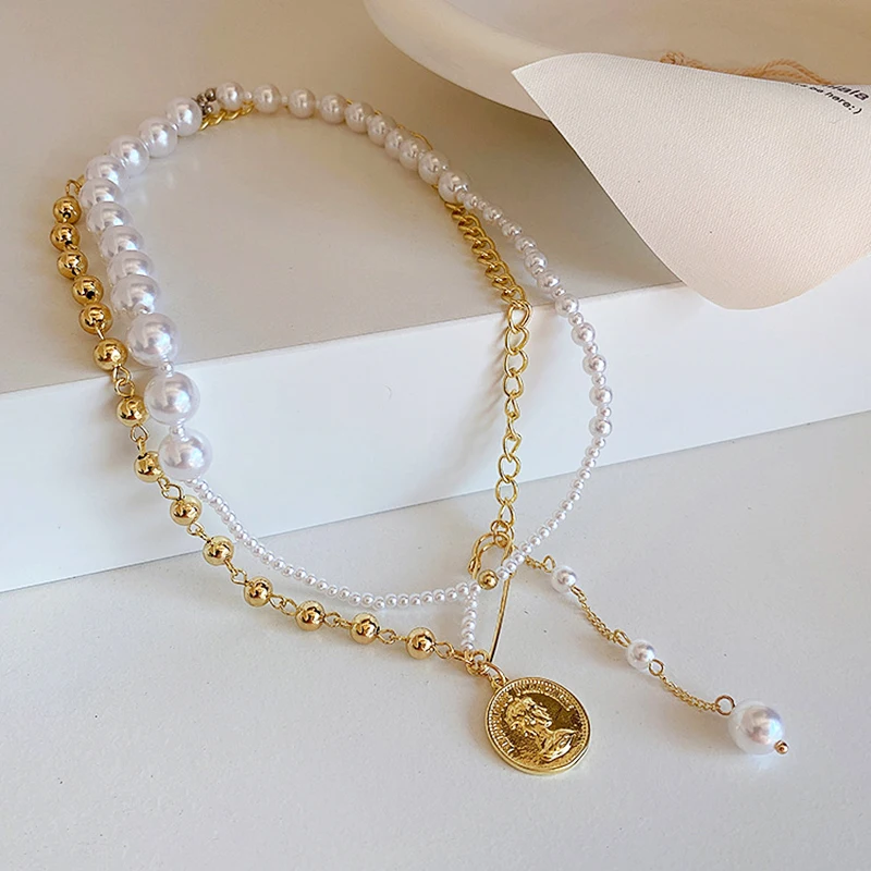 

GSOLD 2020 Vintage Korean-Style Imitation-Pearl Pin Coin Double Layer Necklace Women Overcoat Winter Accessories Jewelry Gifts