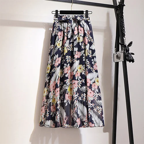 

Женская шифоновая плиссированная юбка, длинная трапециевидная юбка с цветочным принтом, с поясом и высокой талией, лето 2021