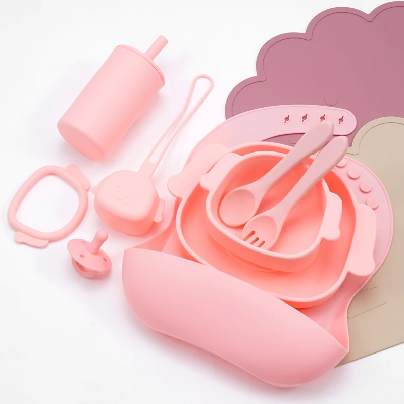 

9pcs Baby Feeding Set Food Grade Silicone Dinner Plate Suction Bowl Waterproof Bib Nipple Case Children's Tableware Baby Shower