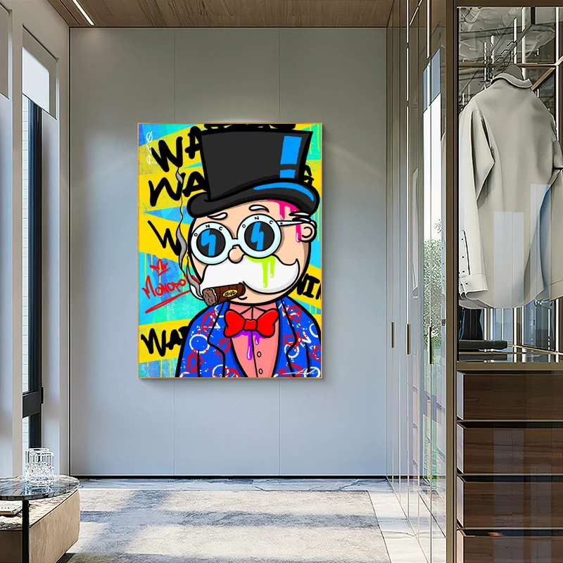 Картина на холсте "Alec Monopoly Man Cartoon" с граффити и стрит-артом, постеры и печати в современном стиле для домашнего декора гостиной.