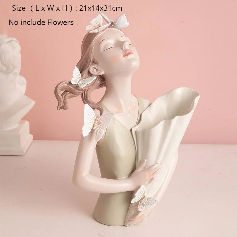 

Resin Butterfly Figurine Bouquet Girl Ornaments Sculpture Statue Gifts Living Room TV Cabinet Flower Vase Arrangement Home Decor