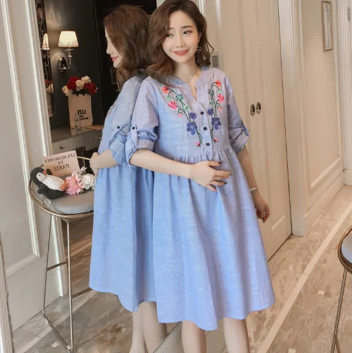 

Maternity Dresses for Pregnant Women Spring Clothes Fashion Flower Embroidery Casual Long Sleeve Striped Pregnancy Dress