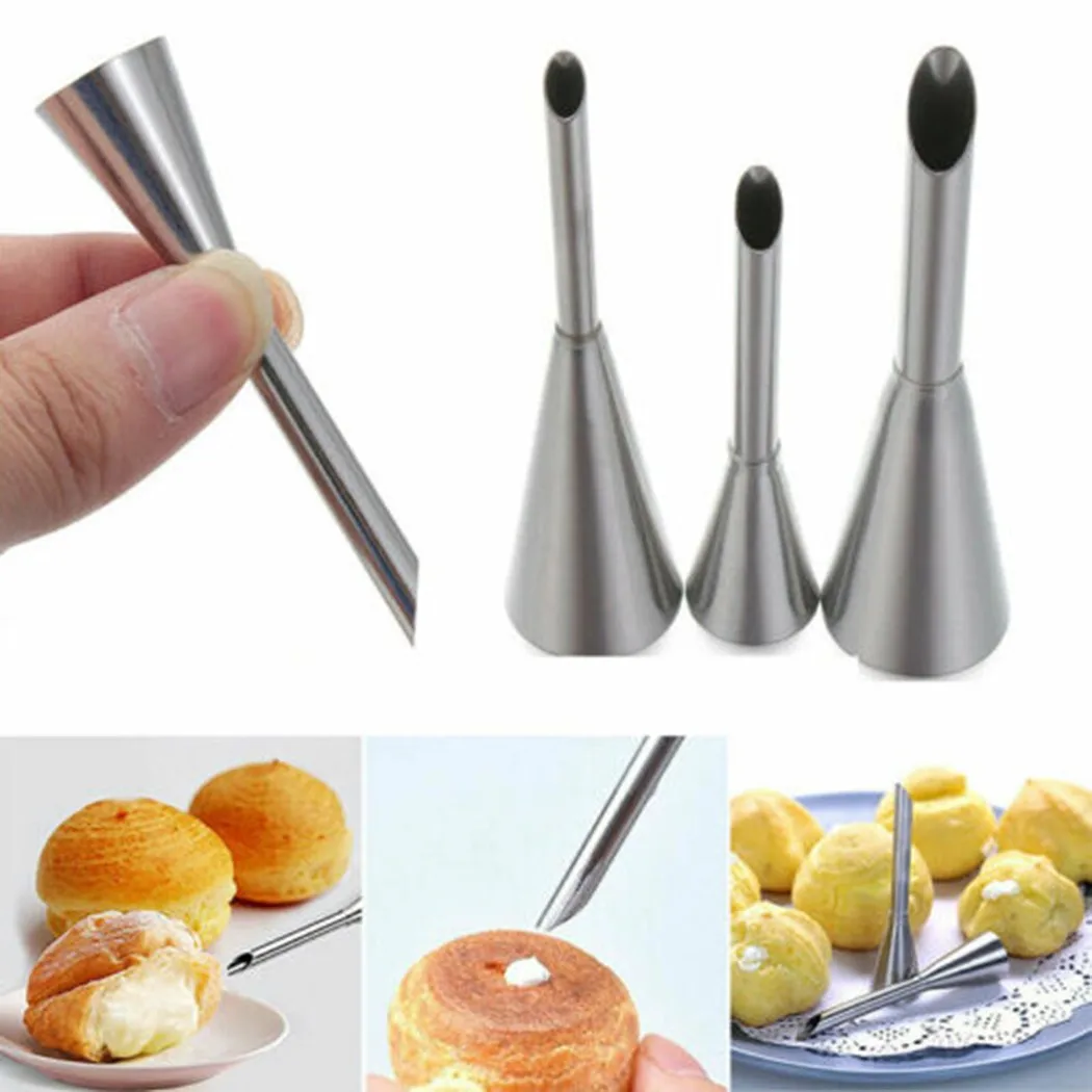 

3 X Cream Puff Nozzles Stainless Steel Cream Puffs Donut Syringe Suitable For Filling Decoration Kitchen Tool