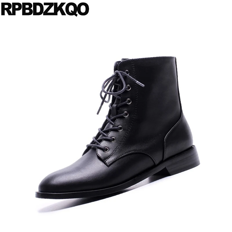 Женские ботильоны на меху черные повседневные ботинки с круглым носком шнуровке