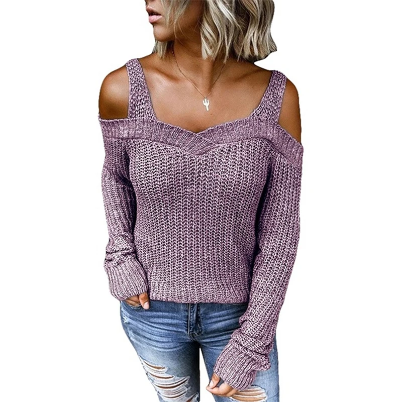 

Women Autumn Sweater Off Shoulder Knitted Solid Color Casual Long Sleeve V Neck Bandage Ladies Pullovers