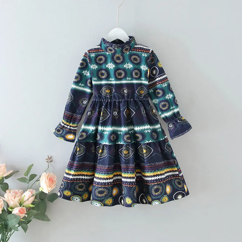 

2-10 Yrs Old Girls Ethnic High-neck Long Dresses Spring Autumn Baby Girl Full-print Corduroy Elastic Waist Dress Long-sleeved