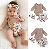 6 9 12 18 months newborn baby girls clothing sets 2022 summer ribbed bodysuitfloral shortsheadband suit childrens girl clothes