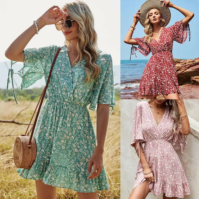 

Women's Clothing 2021 Summer Elastic Waist V-neck Short Sleeve Floral Ladies Dress Casual Refreshing Vacation Dresses For Women