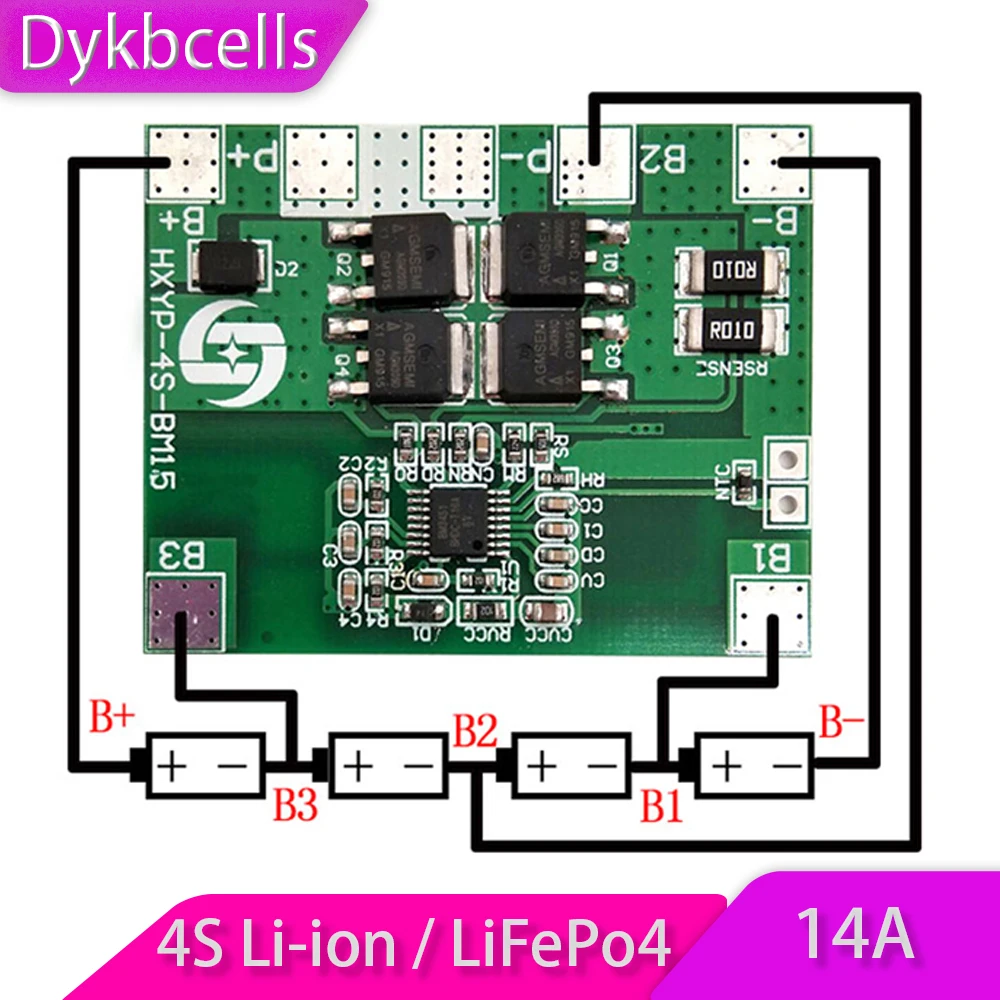 

Dykbcells 4S 14A limit 20A BMS 12.8V 12V LiFePo4 /14.8V 16.8V 18650 Li-ion lithium Battery Protection Board 4 Cell PackS