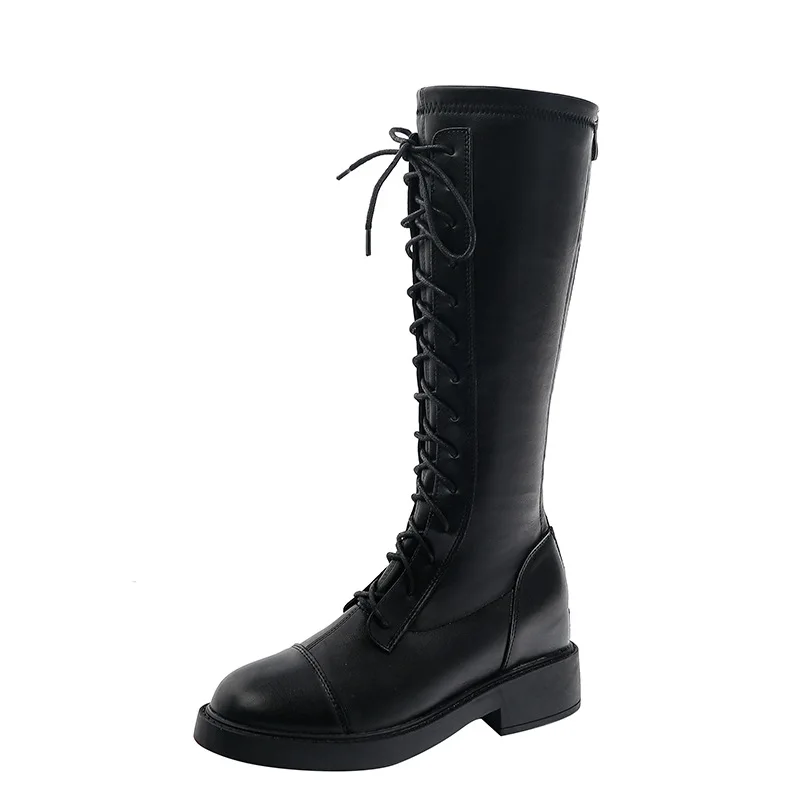 

Women's Boots 2020 New Elastic lace-Up Knight Boots leather Boots Mid-Tube High-Tube Inner Height Increase But Knee-length Boots