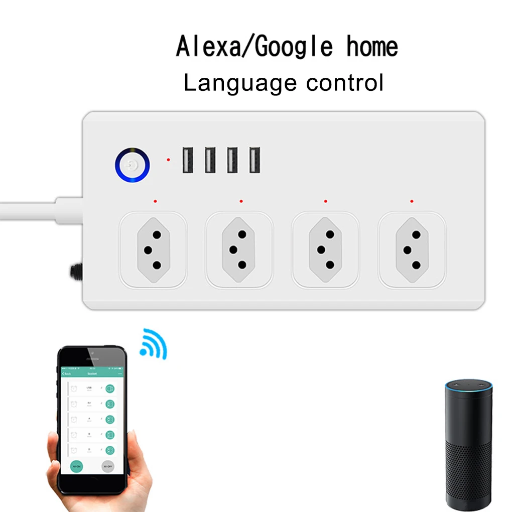 

WiFi Smart Power Strip Brazil Plug Smart Power Bar Multiple Outlet Extension Cord with 4 USB and 4 AC Plugs by Tuya