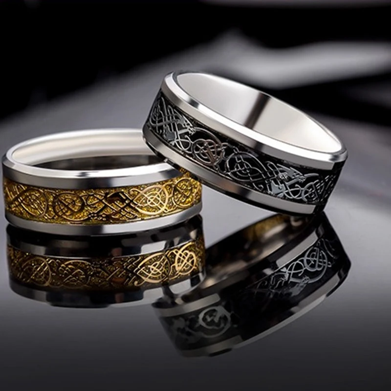 

Mens Celtic Dragon Tungsten Carbide Wedding Band Ring Black/Gold/Blue/Yellow Inlay Comfort Fit Stainless Steel Rings for Men