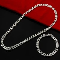 top quality silver color jewelry sets for man women 6mm link chain bracelet necklace jewellery set collier pulseira homme bijoux