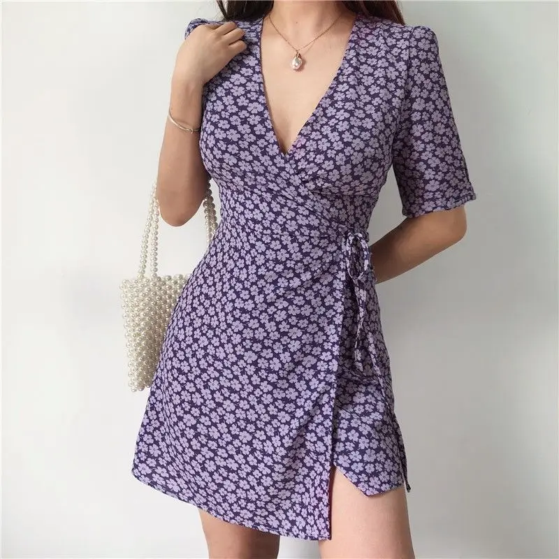 

Purple Floral Women Dresses Sexy V-Neck Half Sleeved Mini Slim Elegant Lady Pulls Outwear Tops