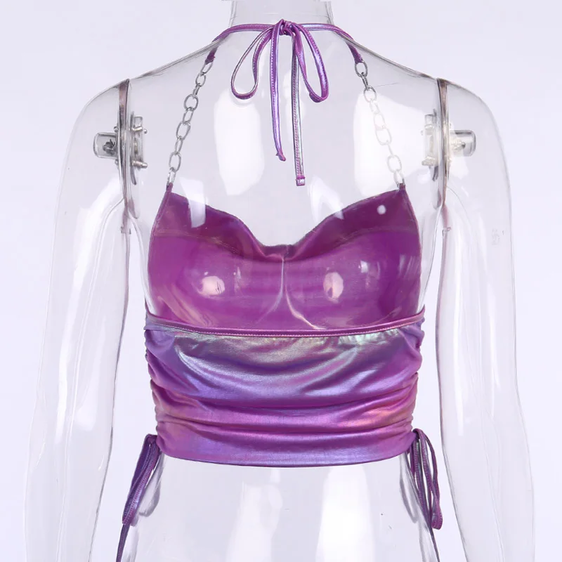 Топ женский укороченный с цепочкой InstaHot пикантная фиолетовая майка на завязках