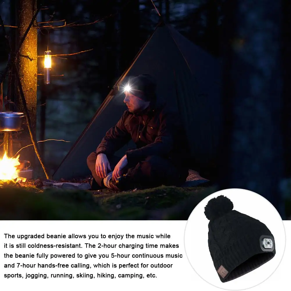 

V5.0 Wireless Bluetooth Beanie LED Hat Music Knitted Cap With Earphone Stereo Speakers Mic Hands Free For Outdoor Sports