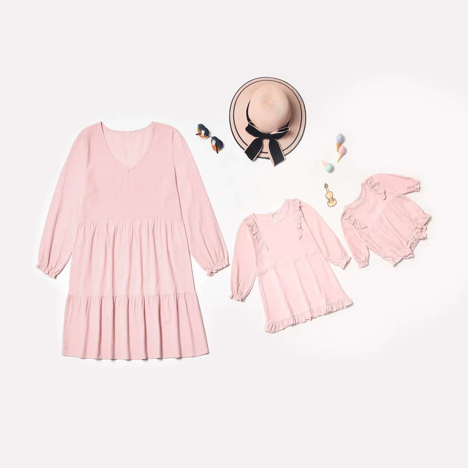 

2021 Family Matching Outfits Mommy and Me Clothes Mother Daughter Dress Baby Toddler Rompers Solid Pink Cotton Dress Family Look