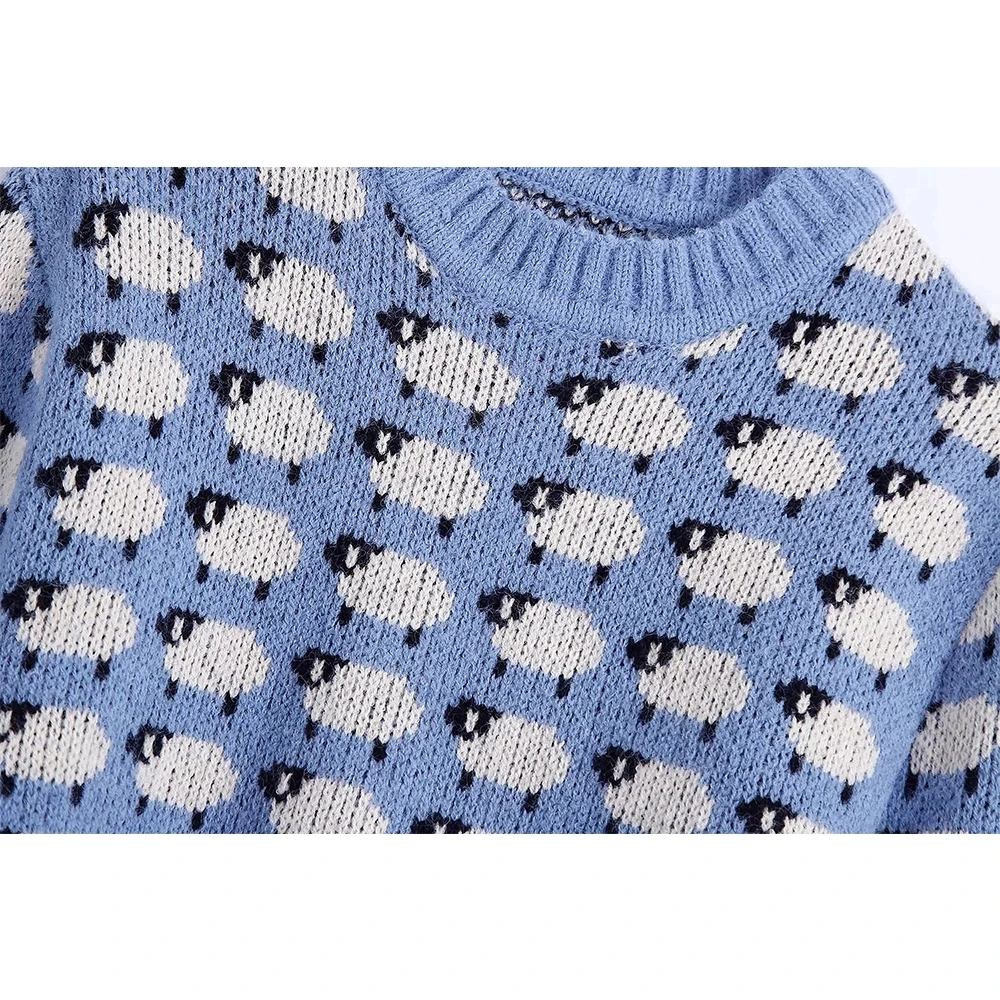

New Fall Winter Women Jacquard Knit Sweater Long Sleeve Sheep Pattern Casual Pullover