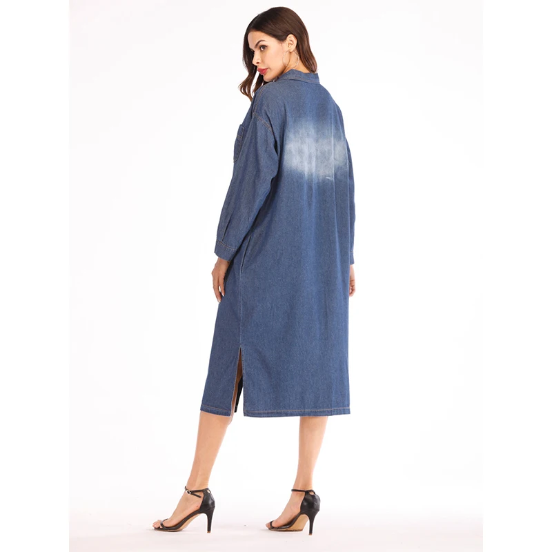 Мусульманская абайя однобортная с отворотом длинная бутик джинсовая рубашка