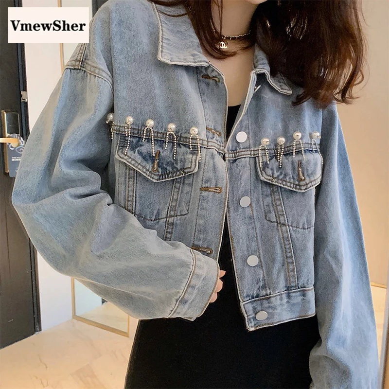 

VmewSher New Beading Women Denim Jacket Autumn Spring High Waist Short Jean Coat Tassel Female Vintage Long Sleeve Chic Outwear