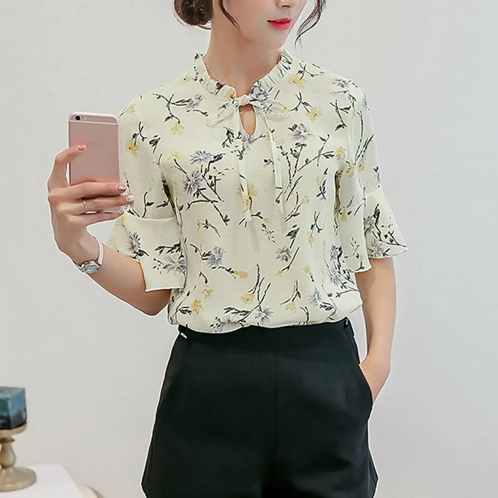 

Summer Women Work Office Flare Short Sleeve Bow Tie Floral Print Chiffon T-Shirt