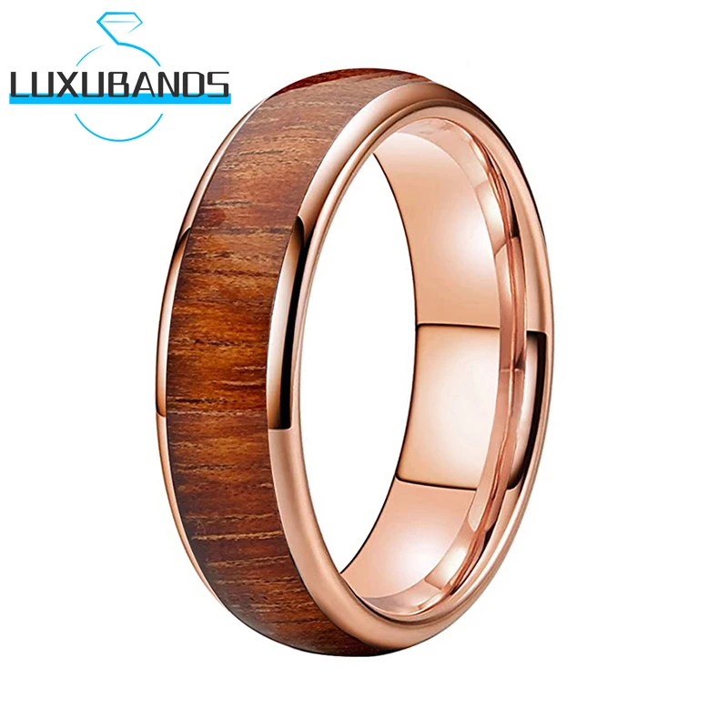 

6MM Rose Gold Men Women Tungsten Wedding Bands Koa Wood Inlay Engagement Rings Polished Finished Comfort Fit