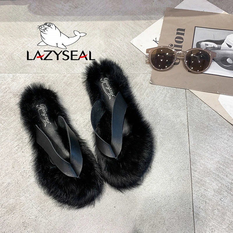 LazySeal обувь с разноцветным мехом; женские Вьетнамки; Новинка; Модные женские домашние тапочки на Плоском Каблуке; сезон осень-зима; женские шлепанцы без задника