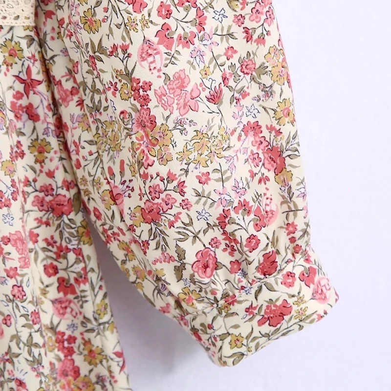 

Hot Sale Women Flower Print Lace Decoration Slim Midi Dress Female Nine Quarter Sleeve Clothes Casual Lady Vestido D8281